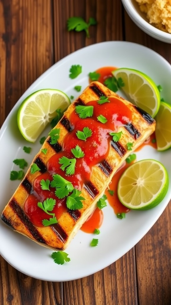 Grilled mahi mahi with chipotle sauce and cilantro garnish on a rustic table.